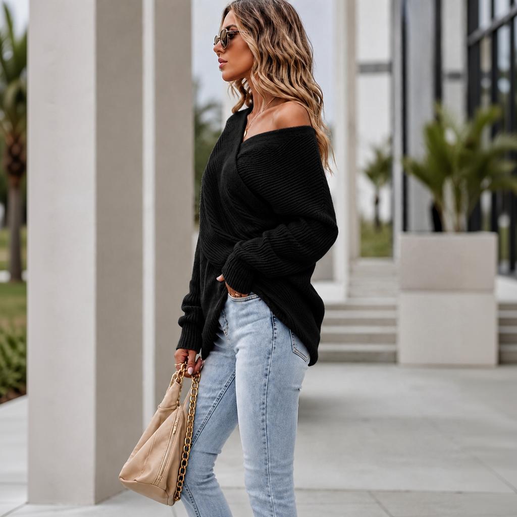 Women's Cross V-Neck Loose Fit Long Sleeve Knit Sweater