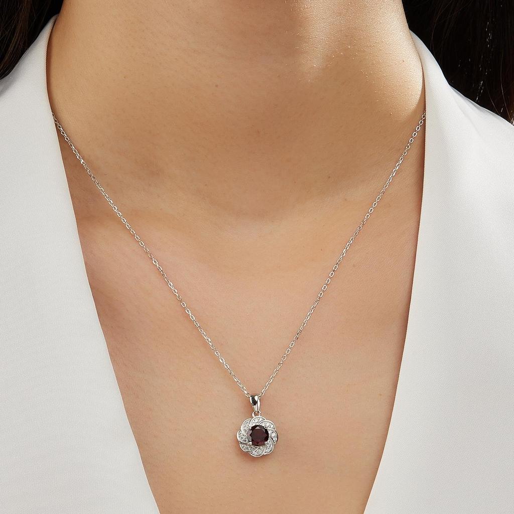 Flower Shape Design Women's Pendant 925 Sterling Silver Necklace Natural Round 6.0mm Rhodolite Garnet Jewelry for Proposal Gifts