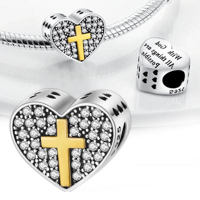 Charms Platayellow Crucifix Heart-Shaped Zircon Beads Fit Originalbracelets Charms For Women Jewelry Diy Making Gifts