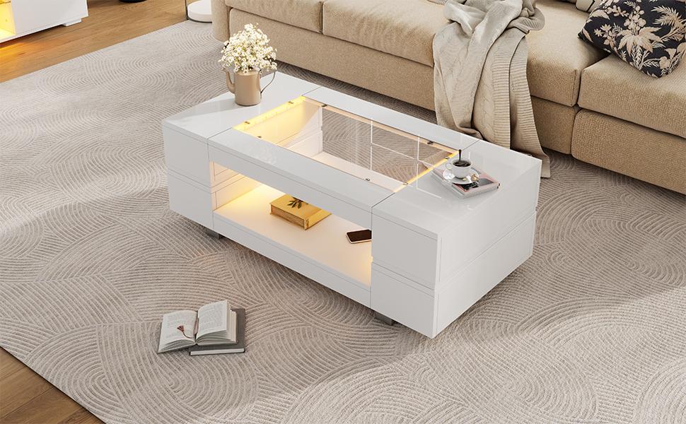 White LED Coffee Table with Bluetooth App Control, Coffee Table, Sofa Table, Living Room Table, Suitable for Party, Office, Living Room