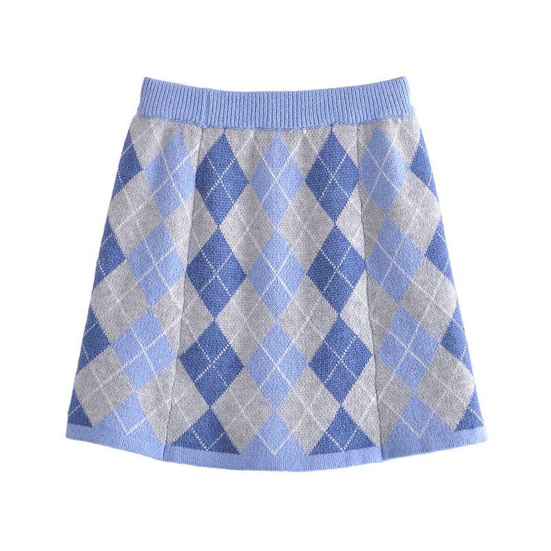

Love Salty Sweet Blue Gray Quilted Knitting Tops Gingham Skirt(High quality) M