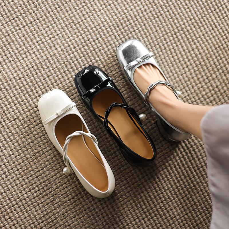 Krazing Pot Sheep Skin Spring Summer Size 41 Thick Med Heels Women Square Toe Pearl-studded Butterfly-knot Pumps