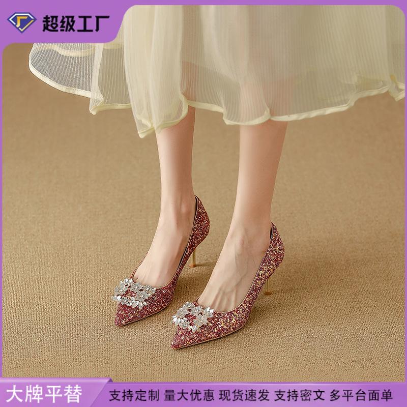 Leather Xiuhe Dress Wedding Shoes Women's 2025 Red Sequins High-end Stiletto Chinese Bridal High Heels Are Not Tired
