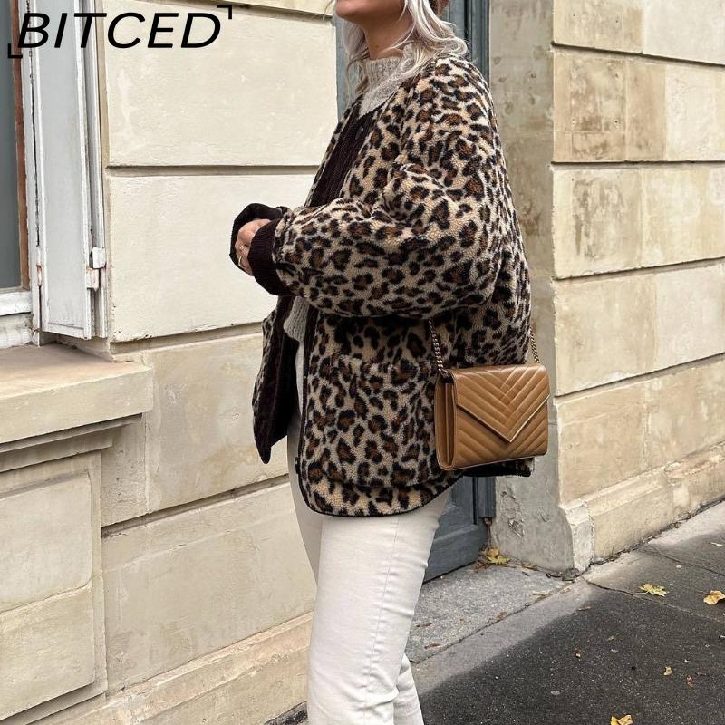 BITCED Women's Autumn Button-Front Fashion Leopard Print Oversized Shearling Coat