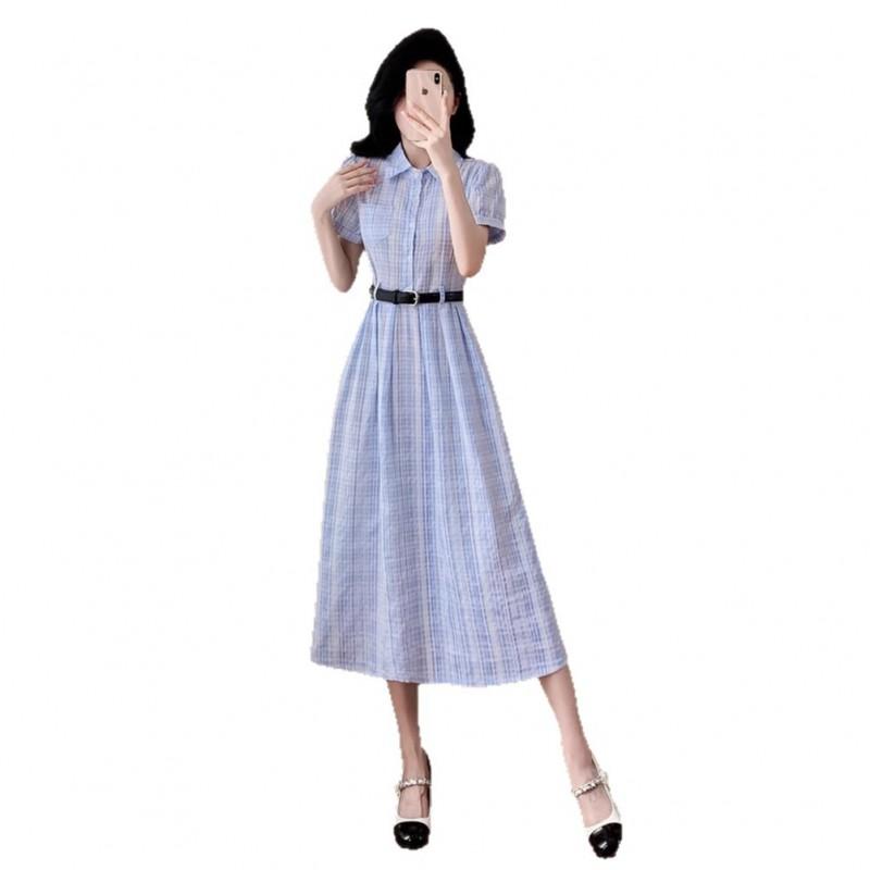 Light Blue Striped Shirt Dress Women High-Waisted Short Sleeve Midi Relaxed Fit Casual With Piqu Collar