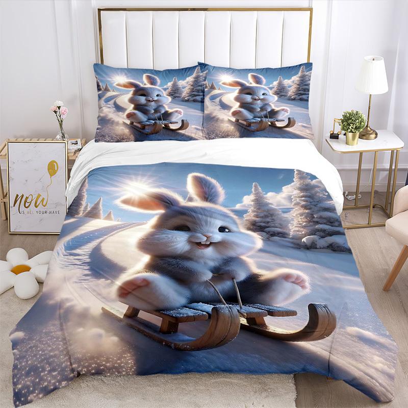 3pcs Anime Bunny Sledding Winter Scene Bedding Set - Includes One Quilt Cover and Two Pillowcases (No Core) - Perfect for Bedroom and Guest