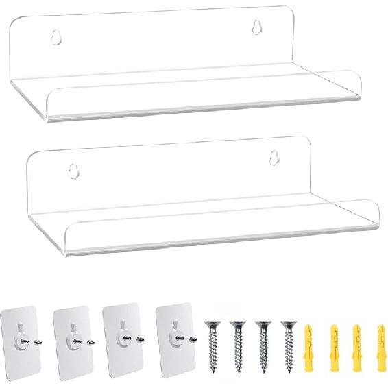 WANLIAN 8 Inch Acrylic Clear Shelves for Wall No Drilling, 2 Pack Small Adhesive Floating Shelf with Ledge, No Damage Mounted, Easily Expand Wall