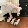 Fashion thick heel cool slippers women's summer wear 2025 new silver sandals bow rhinestone high heels