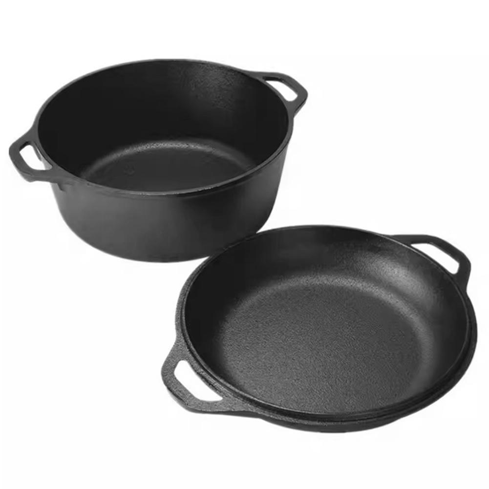 2 In 1 Cast Iron Dutch Oven with Skillet Lid Dutch Oven Pot Skillet Cookware Pan Set for Bread Frying Baking