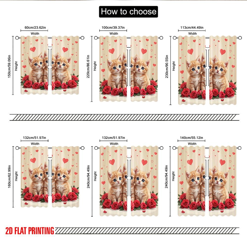 Flat Printing Scene Curtain Cute Kittens Red Roses Digital Printed Polyester Drapes Family Party Bedroom Living Curtains Set Of 2 Made Decor