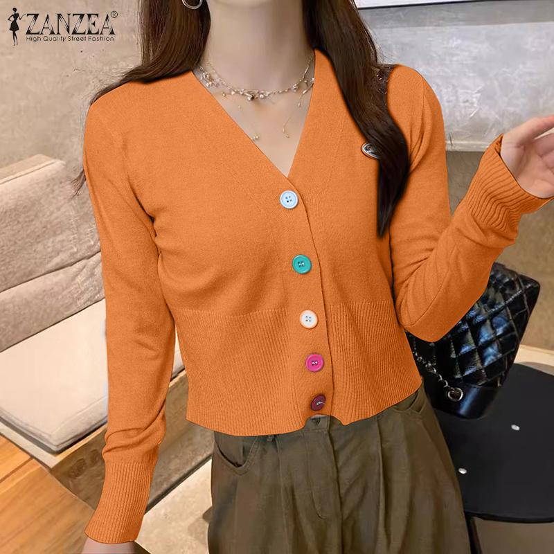 ZANZEA Spring Women V Neck Long Sleeve Buttons Cropped Casual Sweaters Cardigans