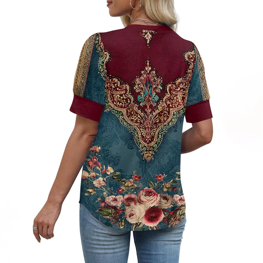 Women's Fashion Casual V, Neck Short Sleeve Print  Shirt Women's Up Tops