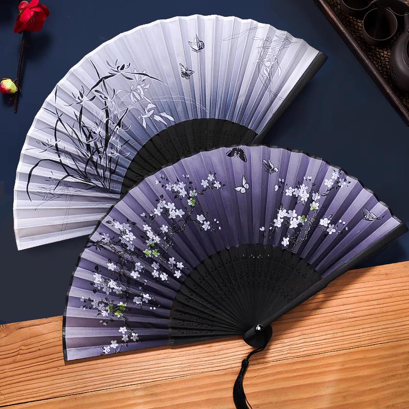 Ancient Chinese Style Black Bamboo Folding Fan for Women's Hanfu Dance Costume