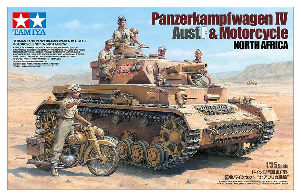 Tamiya 1/35 Scale Limited Edition German Panzer IV Ausf. F and Messenger Bike Set, North African Front, Plastic Model Kit 25208