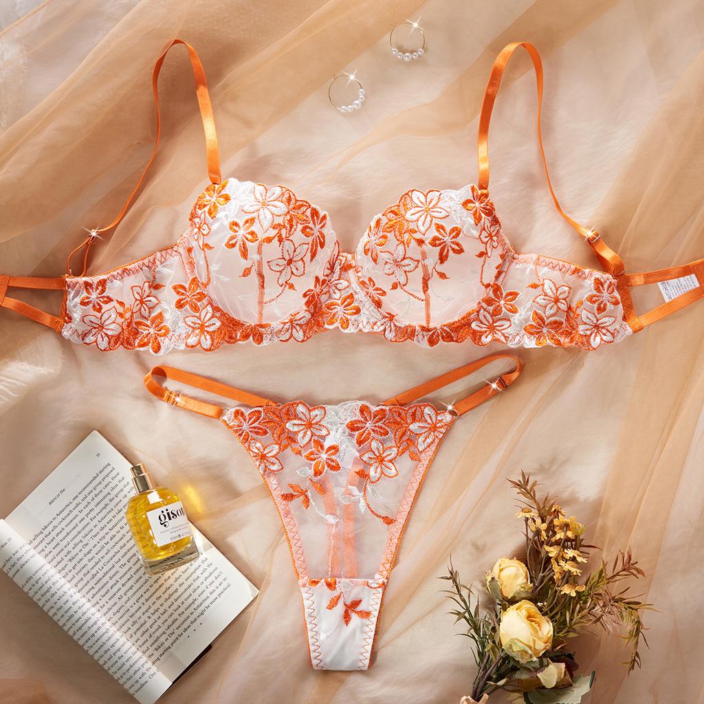 New French Sexy Pure Desire Erotic Underwear Hollow Ultra-thin Lace Perspective Flower Embroidery Erotic Set