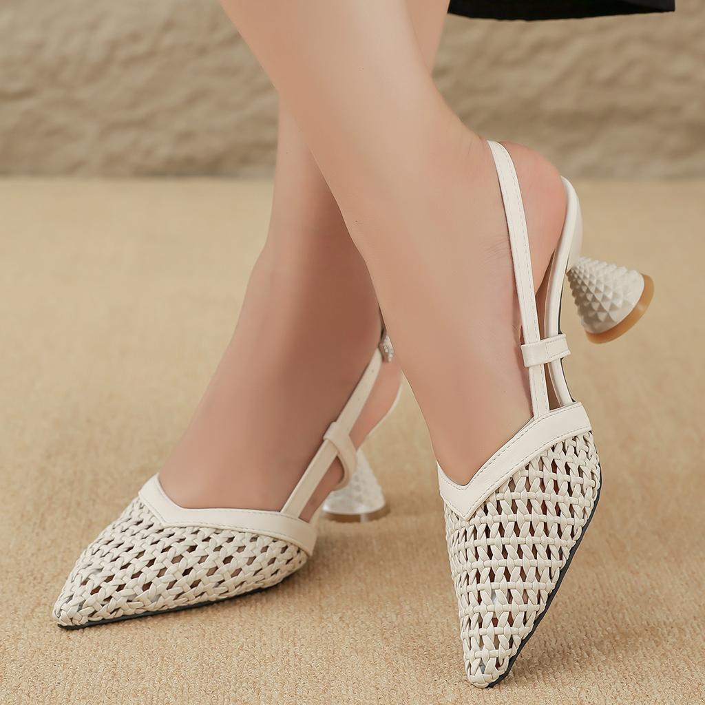 New Style Women's Spring/Summer Square Headed Genuine Leather Cowhide Hollow Breathable High Heel Large Headed Muller Sandals