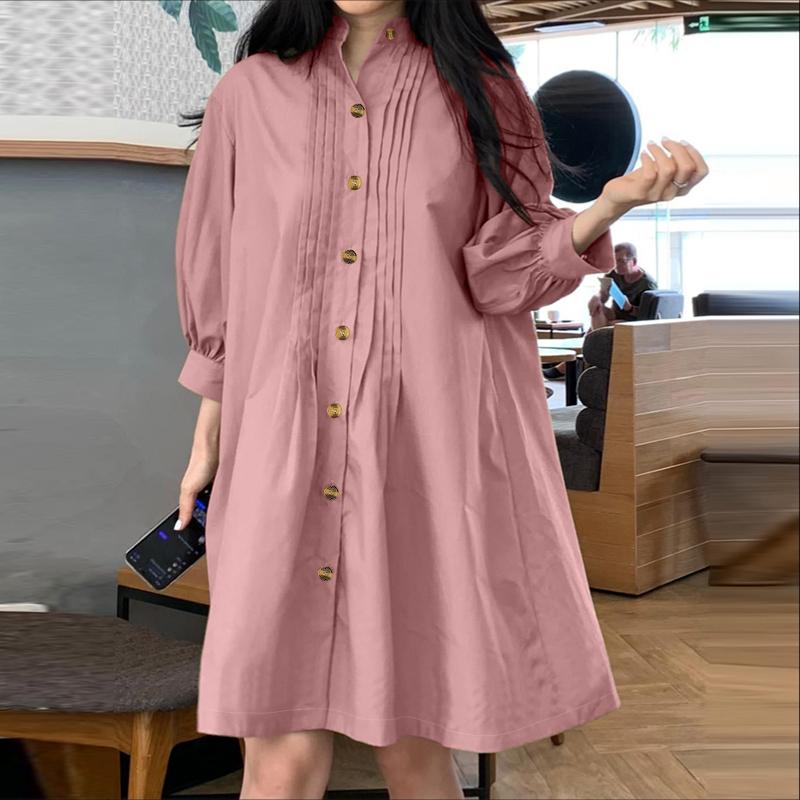 ZANZEA Women Casual Round Neck Solid Color Loose 3/4 Sleeve Shirt Dress