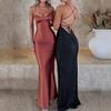 European and American Summer Temperament Sexy Suspender High Elasticity Satin Backless Strap Slim Long Dress