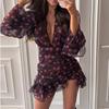 2026 Floral Print Chiffon Dress Deep V-Neck Long Sleeve Ruffle Hem Mini Women