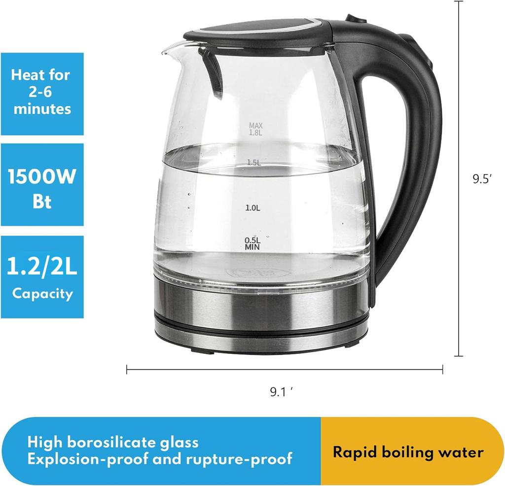 1500W Speed Boil Water Electric Kettle 220V Coffee & Tea Kettle Borosilicate Hot Water Kettle Auto Shut-Off 1.2L 2L