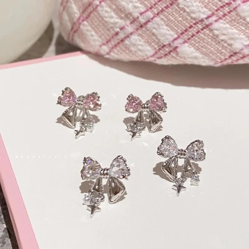 Korean Bows Earring with White Zircon Women's Fashion Cute Pink Crystal Stud Earrings Y2k Earring for Girls Party Zircon Gifts
