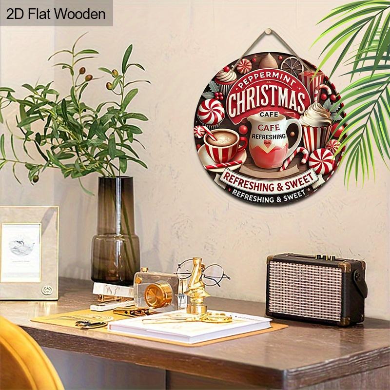 2D Flat 1pc Christmas Hot Drinks Wooden Sign Decoration, Round Embossed Effect Front Door Wall Decoration, Suitable for Home Office Decoration