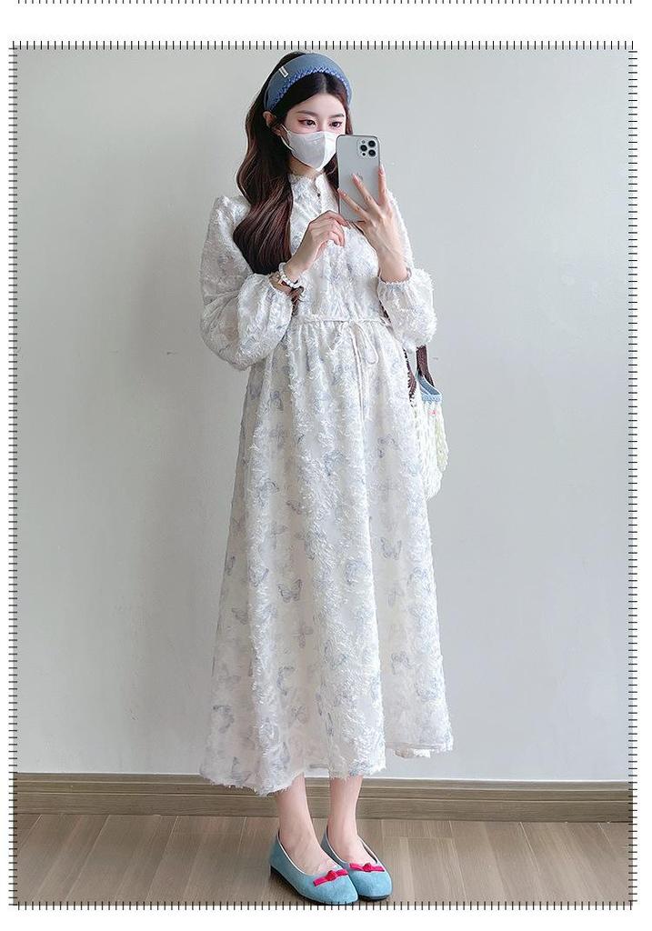 Hepburn Style Butterfly Jacquard Maternity Dress - High Quality, Long Sleeve, Early Spring 2026 Collection