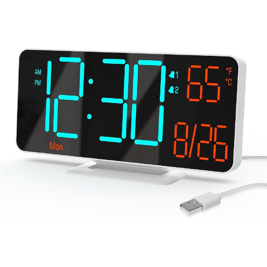 KOSUMOSU Digital Clock for Bedroom 6.7in Small Digital Alarm Clock Black, Dimming,12/24h,Date,Day of Week, Indoor Temperature,Desk Clocks for