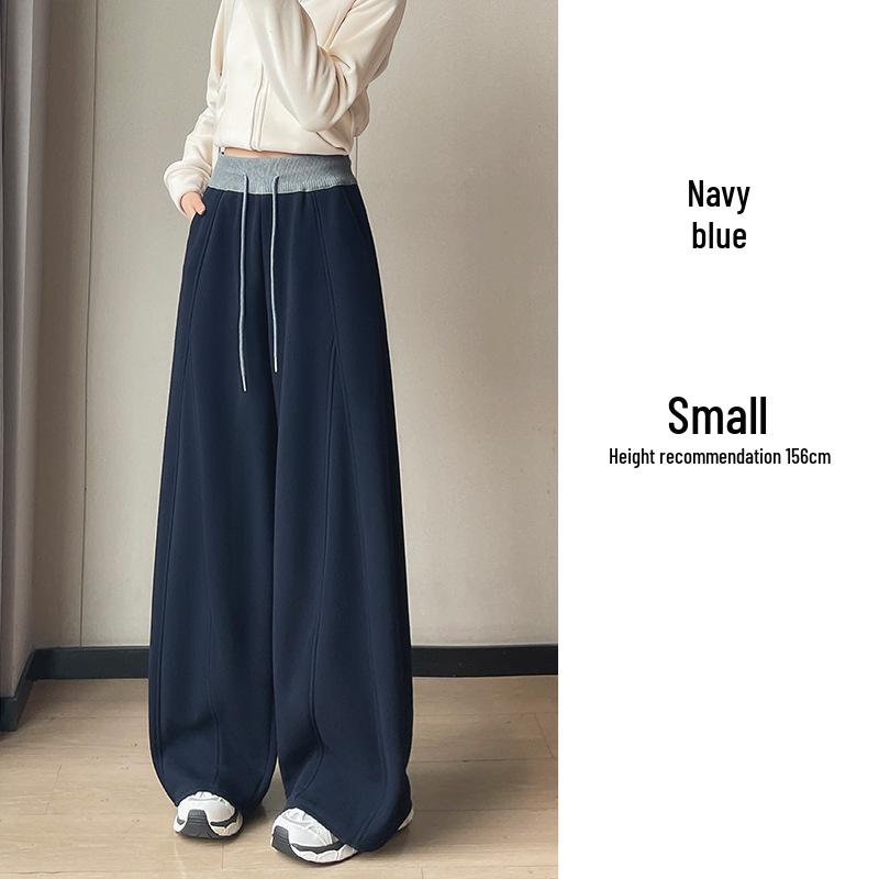 American Trendy Grey Curved-Leg Women's Plus Velvet Thickened Wide-Leg Sweatpants for Autumn/Winter