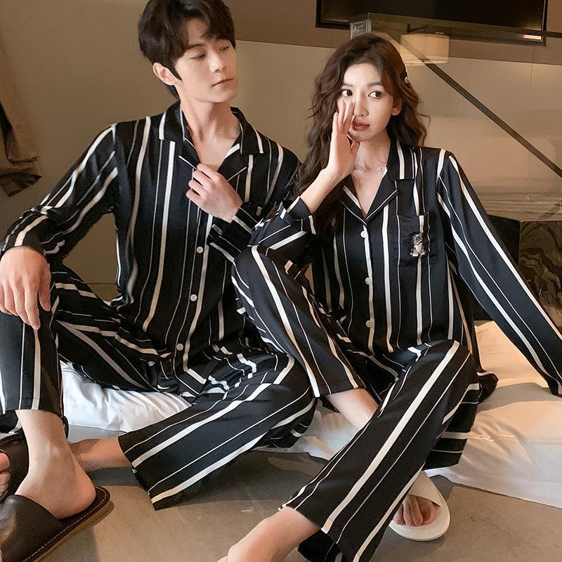 Couple pajamas ice silk women's spring and autumn long-sleeved striped cartoon thin loungewear men's silk suit