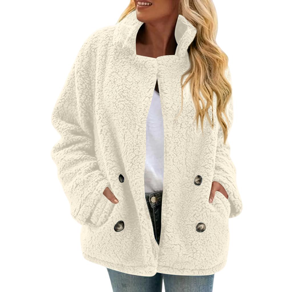 Damen Kariert Doppelseitig Plüsch Aufgesetzte Tasche Knopf Strickjacke Lässiges Oberteil Jacke