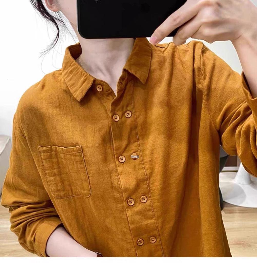 Women's Retro Double-Breasted Cotton Linen Long-Sleeve Polo Shirt