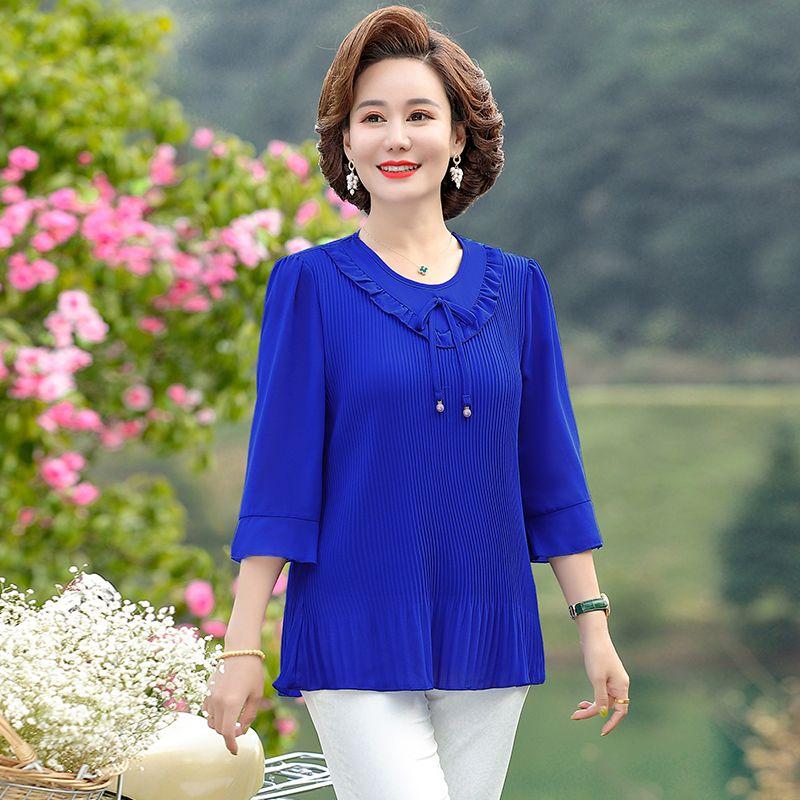 

Женские летние топы с рукавами-оборками три четверти, женские кружевные блузки с круглым вырезом, рубашки для мам среднего возраста, свободные однотонные шикарные блузки L синий