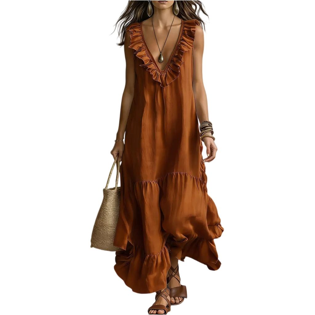 Ladies' Casual Sleeveless Cotton Linen V-neck Big Swing Dress