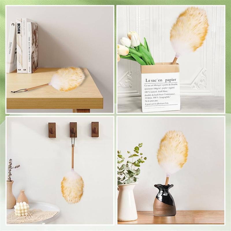 Lambswool Dusters For Cleaning With Solid Wooden Handle, Leather Hanging Strap, 15 Inch Natural Wool Duster