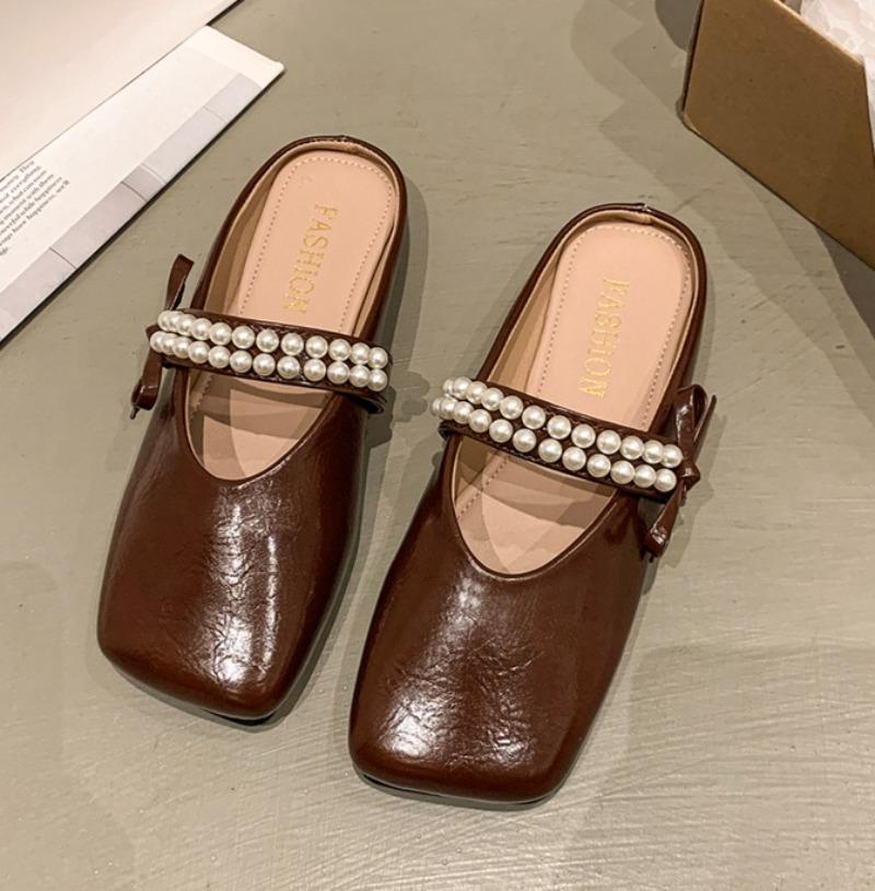 Fashion Baotou Semi-slippers Women Spring and Summer Wear New Square Toe Shallow Mouth Pearl Bow Soft Bottom Non-slip Cool Mop