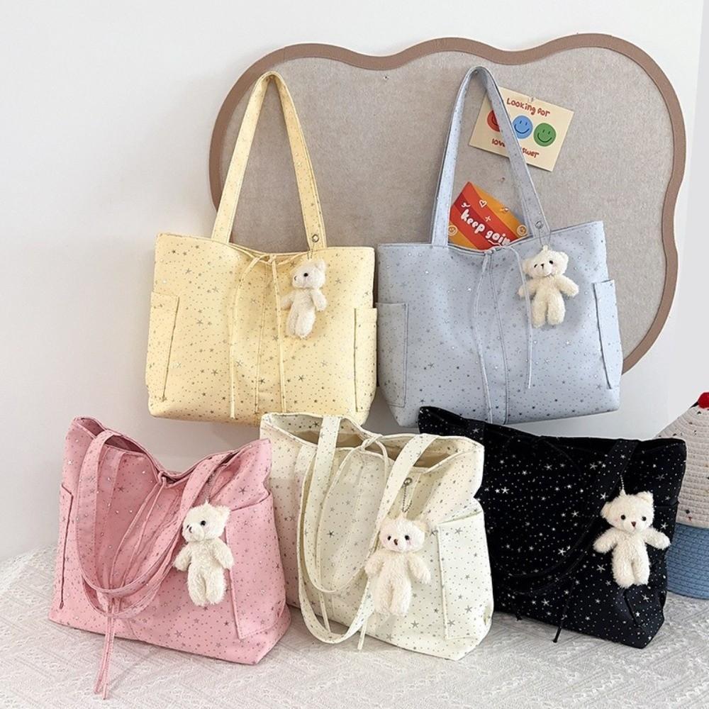New Canvas Material Tote Bag Large Capacity Korean Style Shoulder Handbag Star Rhinestone Shopping Tote Bag Commute