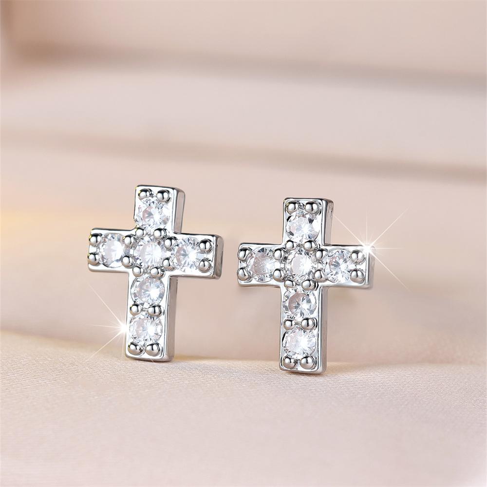 Classic Cross White Zircon Round Stone Stud Earrings For Women Vintage Silver Color Wedding Earring Valentines Day Jewelry Gifts