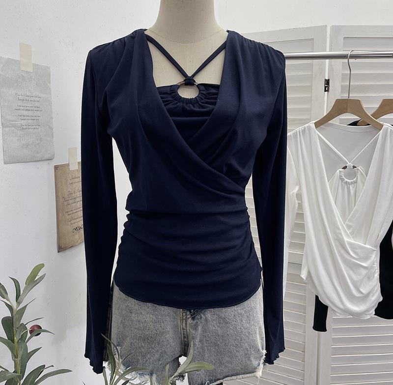 

French-Style Halter Neck Pleated Long-Sleeve Layered Top (Women) 2767 One Size темно-синього кольору