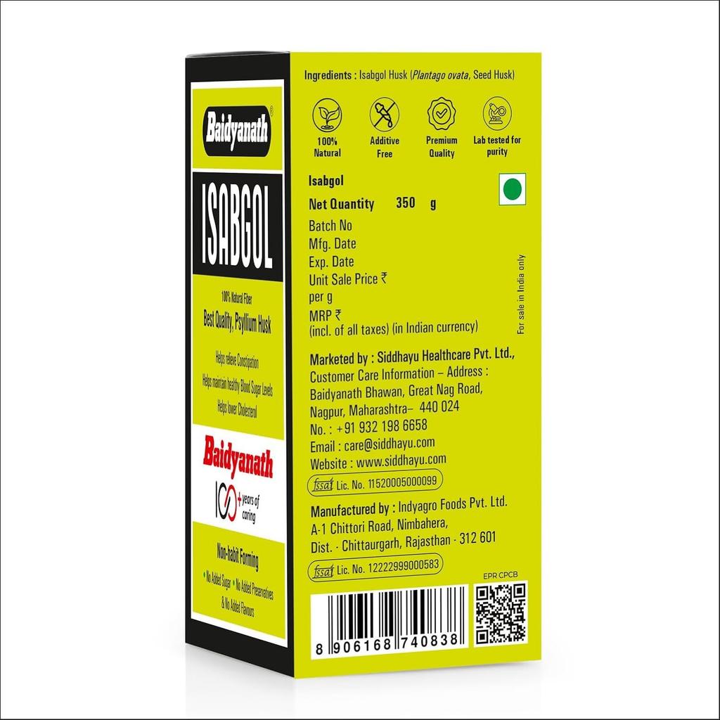 Baidyanath Asli Ayurved Isabgol Psyllium Husk Powder 350 Gm Pack Of 1 for Gentle Digestive Support