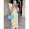 French Retro Floral Print Square Neck Ruffle Dress