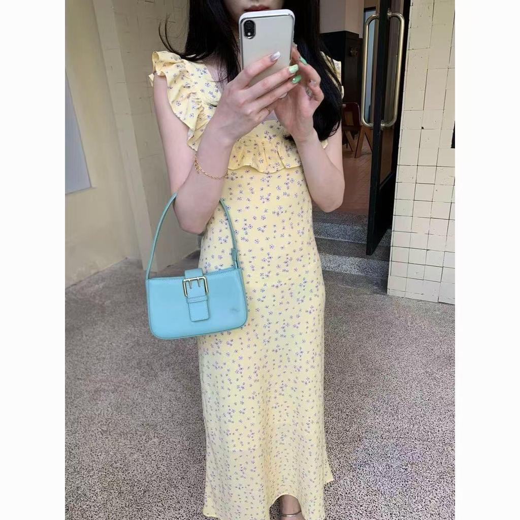 French Retro Floral Print Square Neck Ruffle Dress