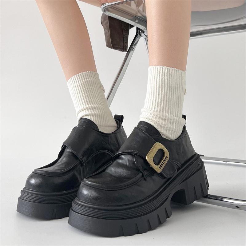 Black Retro British Style Thick Heel Platform Small Leather Shoes Women's 2025 New Autumn and Winter Skirt French Heightening Single Shoes
