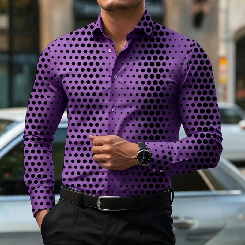 Men's Polka Dot Print Long Sleeve Shirt Fashion Slim Fit Button Down Casual Blouse Tops