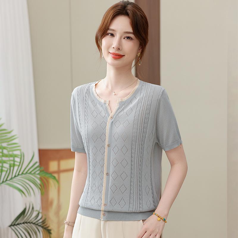 Ice Silk Loose Knit Cardigan T-shirt: Women's Summer Short-Sleeved Sweater for Middle-Aged and Elderly Moms