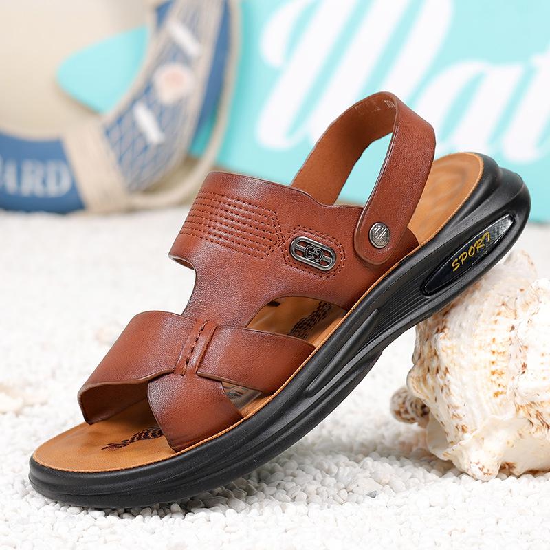 Sandals men's summer new beach shoes genuine leather cool slippers soft sole men's sandals trend one shoe two wear leather sandals