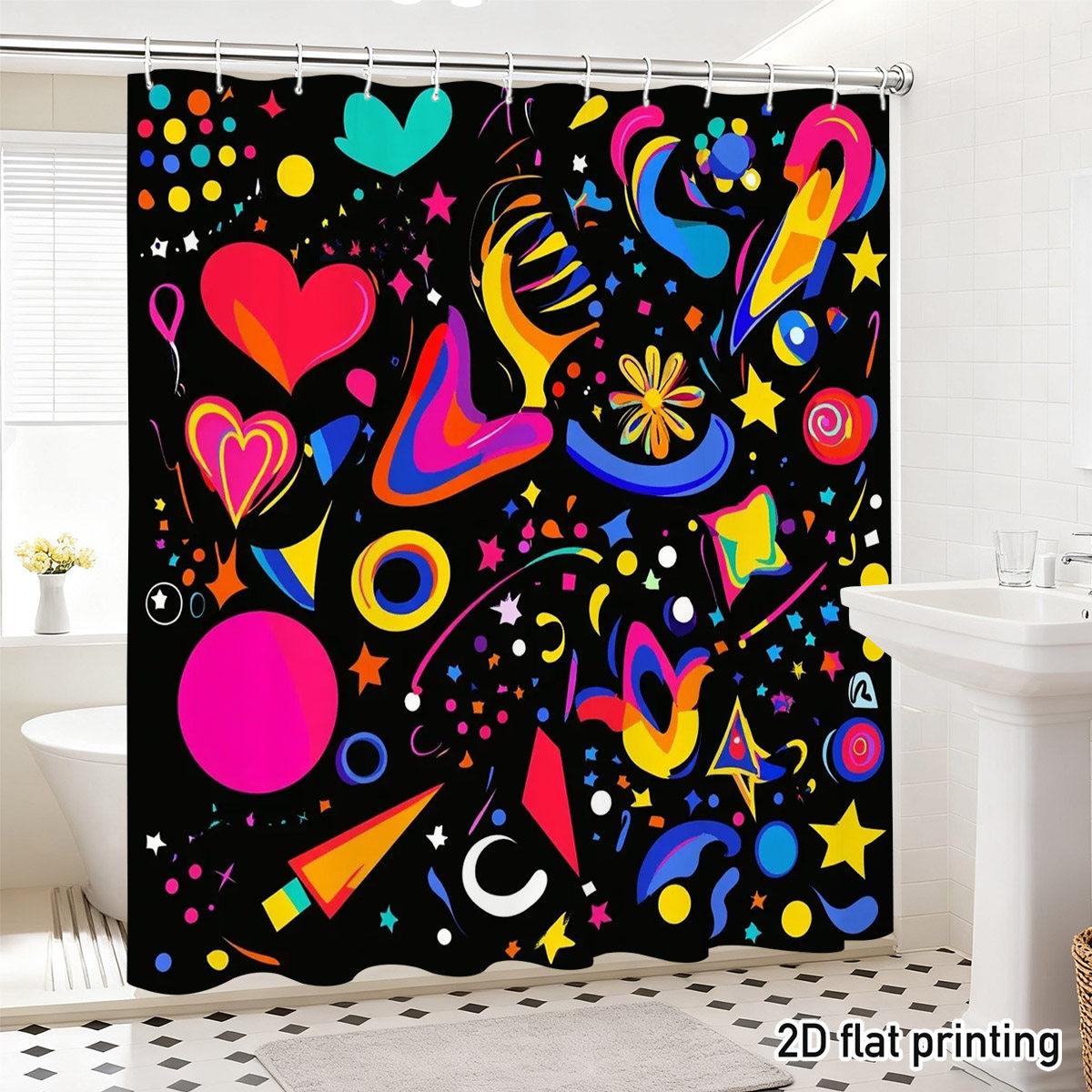 

Pop Art Shower Curtain – Neon Hearts, Stars & Swirls On Black, Waterproof Polyester, Bold Bathroom Decor For Teens & Adults W60H190(CM)-1 Pcs