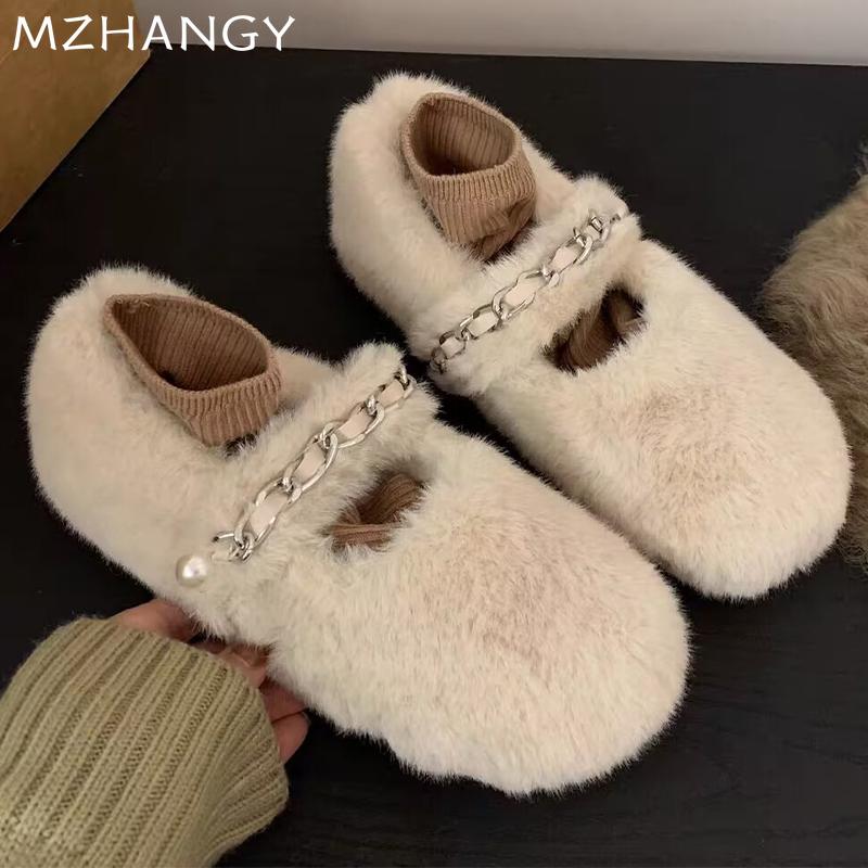 Fashion Fur Chain Women Flats Shoes Autumn New Designer Casual Shoes Women 2024 Trend Home Cotton Shoes Cozy Walking Dress Mujer Zapatos