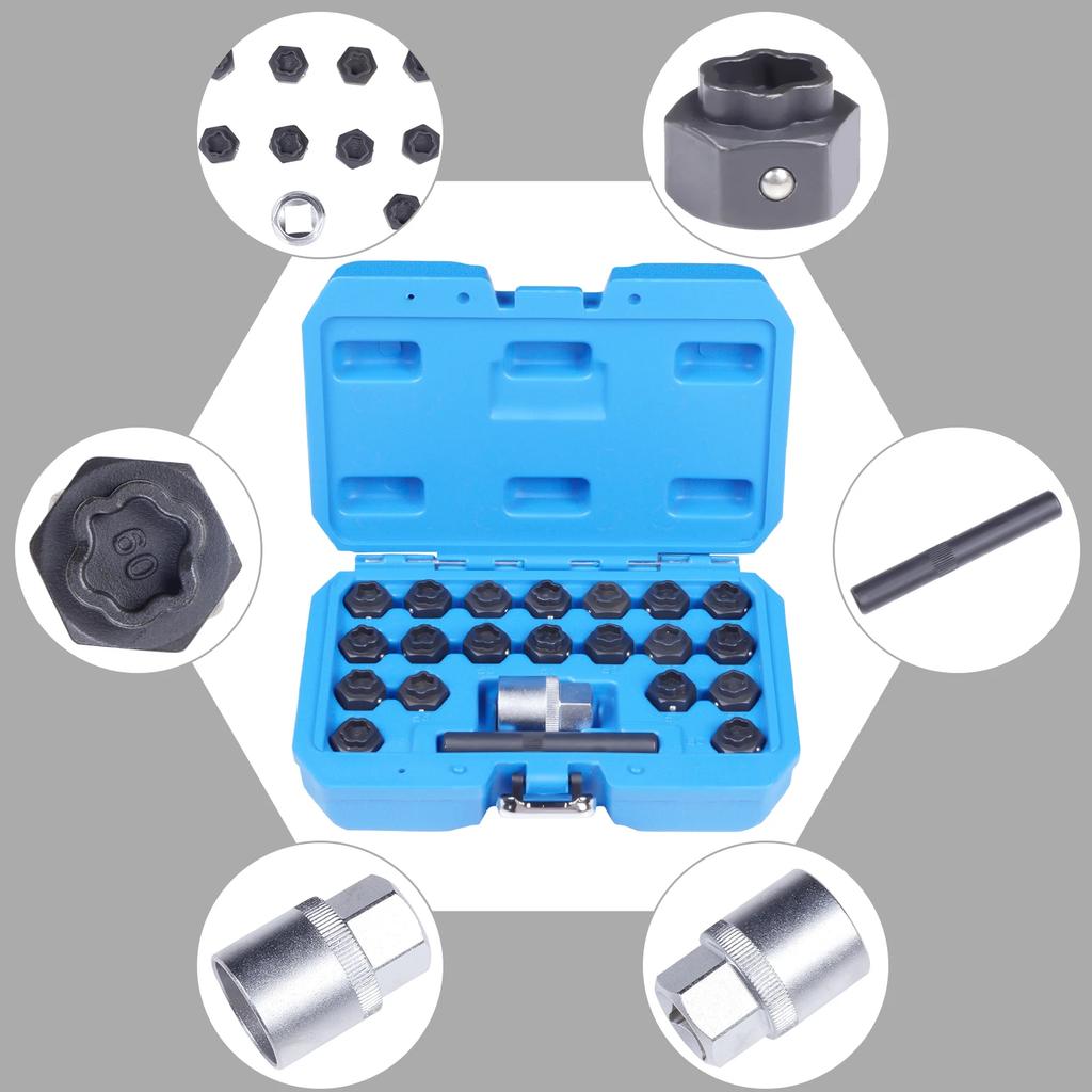 1/2" Drive Cr-Mo Steel Anti-Theft Lug Nut Key Set, 22pcs Wheel Lock Removal Tool - Time-Saving Car Repair Kit Fit All BMW Models