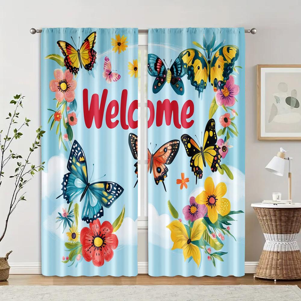 

2 pcs, filtering curtains (excluding rods, non-movable, without batteries) Colorful spring flowers and butterflies for use in 29x65in(75x166cm)